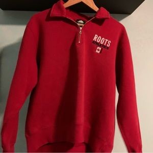 EUC Vintage Roots Canadian Flag Red Quarter-Zip Fleece Sweater